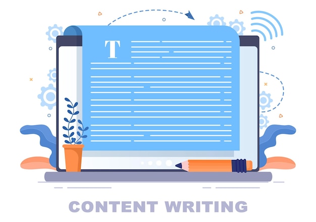 Vector content writer or journalist background vector illustration for copy writing, research, development idea and novel or book script in flat style