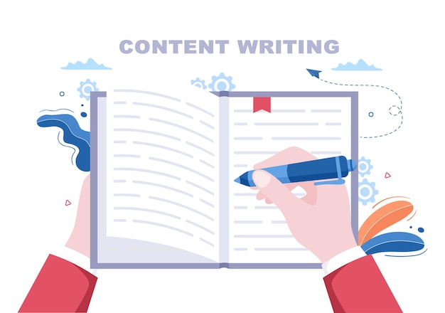 Vector content writer or journalist background vector illustration for copy writing, research, development idea and novel or book script in flat style