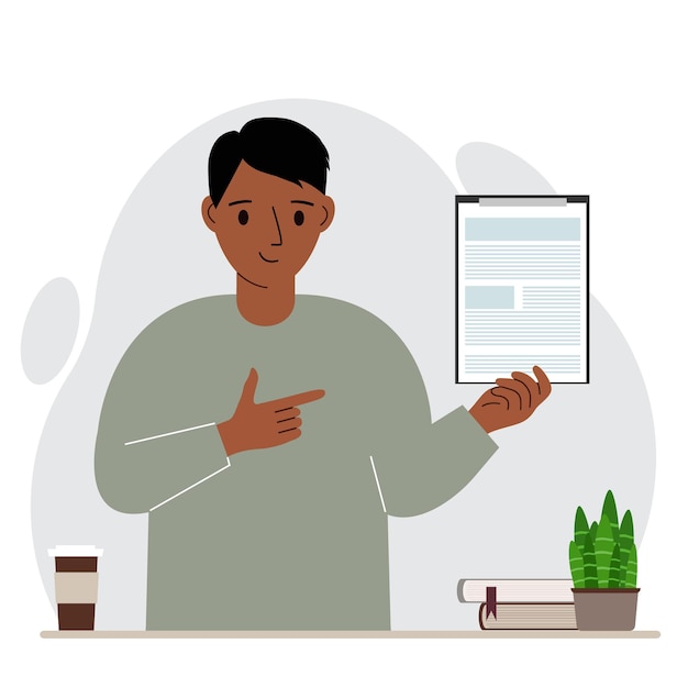 Contented man holding a clipboard with a document and points his finger at it. Vector