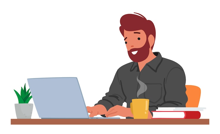 Vector contented man typing on laptop displaying a relaxed demeanor and a satisfied expression vector illustration