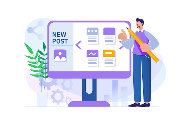 Contentmanager-concept met mensenscène in plat ontwerp Man vult blog met inhoud