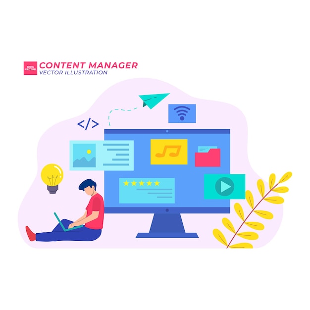 Contentmanager vlakke afbeelding media marketing online ontwerpcomputer