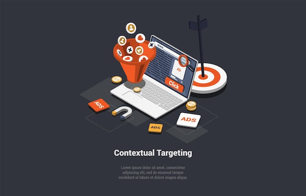 Contexttargeting Ppc Online advertentieconcept Marketing Contextcampagne met laptop Trechteradvertenties Pijl- en winstpictogrammen Analytics Strategie Winstgroei Isometrische 3D-vectorillustratie