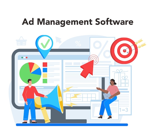 Contextual advertsing online service or platform Marketing campaign and social network advertising Ad management software Flat vector illustration