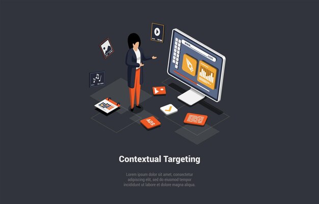 Vector contextual targeting ppc online advertising concept marketing context campaign online service or platform woman near laptop with ads icons analytics strategy isometric 3d vector illustration