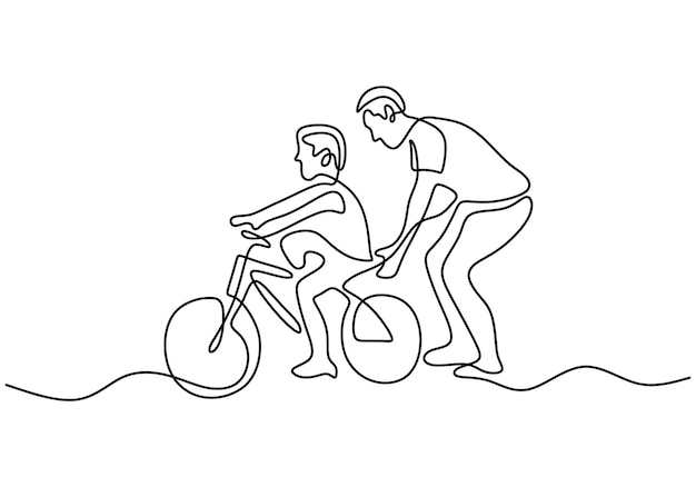 Continu één enkele lijntekening van jonge vader helpt zijn zoon samen te leren fietsen in het veld Gelukkig ouderschapsconcept Karakter vader leert zijn zoon fietsen