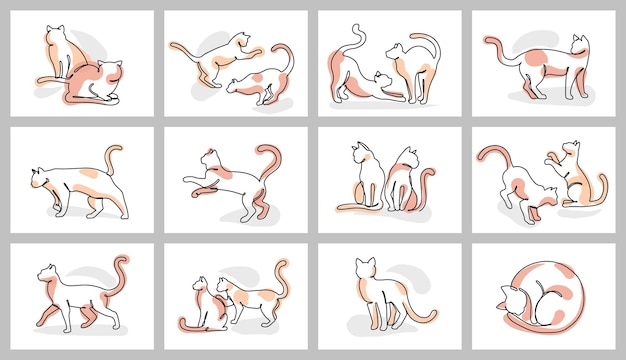 Continu één lijn katten posters Leuke katten spelen grooming strekken en loungen Minimal katten en kittens voor huisdieren ontwerpen vector illustratie set