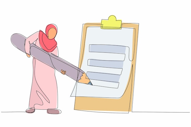 Continu één lijn tekenen Arabische zakenvrouw mark checklist met potlood ontwerp vector grafiek