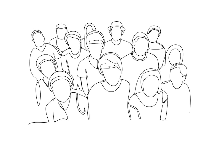 Vector continu één lijn tekenen concept van een menigte van gelukkige mensen buiten eén lijn teken ontwerp vector grafische illustratie