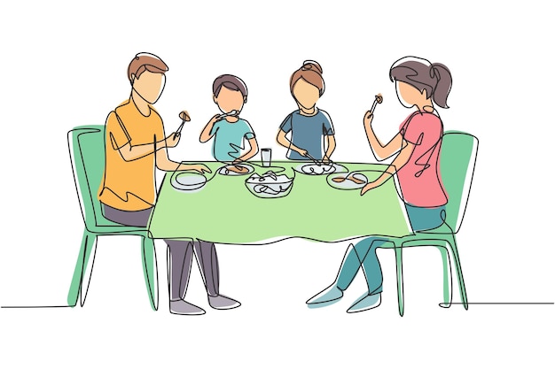 Continu één lijn tekenen diner ouders en kinderen samen Familie met maaltijd rond de keuken