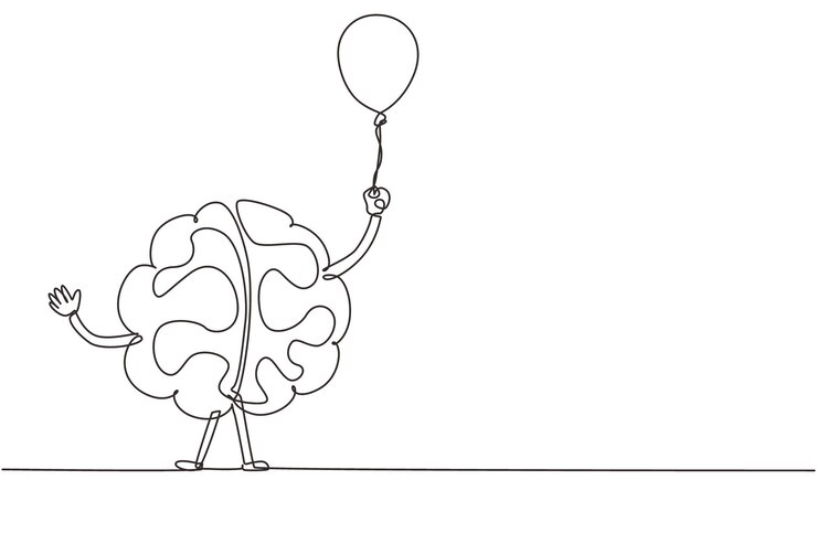 Vector continu één lijn tekenen grappige hersenen met ballon viering feest cartoon hersenen concept
