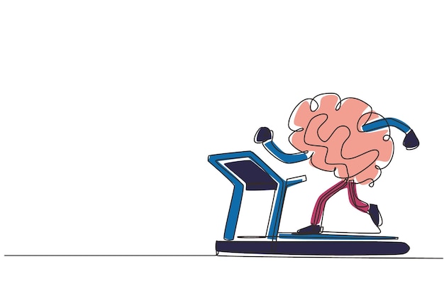 Continu één lijn tekenen hersenen werken uit op een loopband werken op jezelf hersenen workout vector