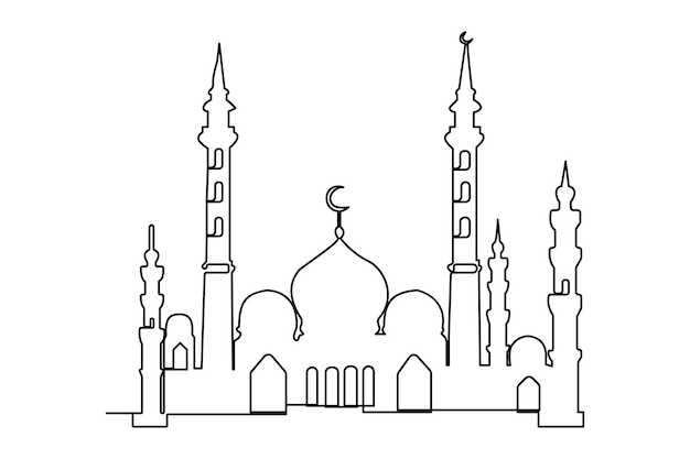 Continu één lijn tekenen moskee lijn concept Ramadan Kareem outline ornament achtergrond