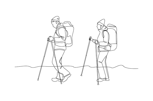 Continu één lijn tekenen paar man vrouw wandelaars met rugzakken verrekijker en wandeltoerusting lezen route kaart op zoek naar richting trekking locatie enkele lijn teken ontwerp vector illustratie