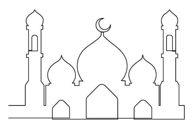 Continu één lijn tekenen Ramadan kareem moskee lijn concept outline vector kunst illustratie