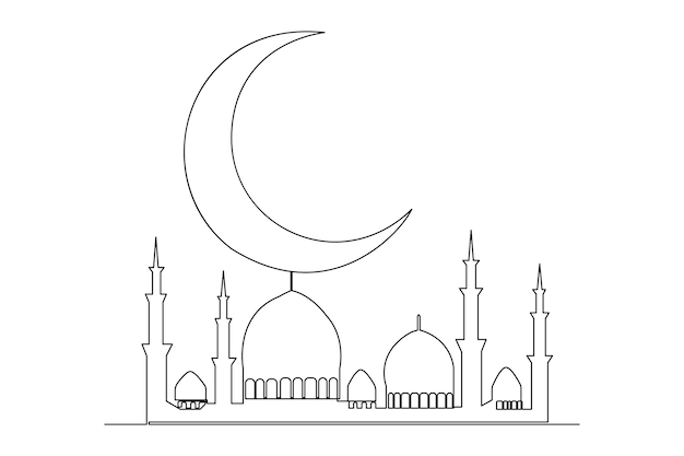 Continu één lijn tekenen Ramadan kareem moskee lijn concept outline vector kunst illustratie