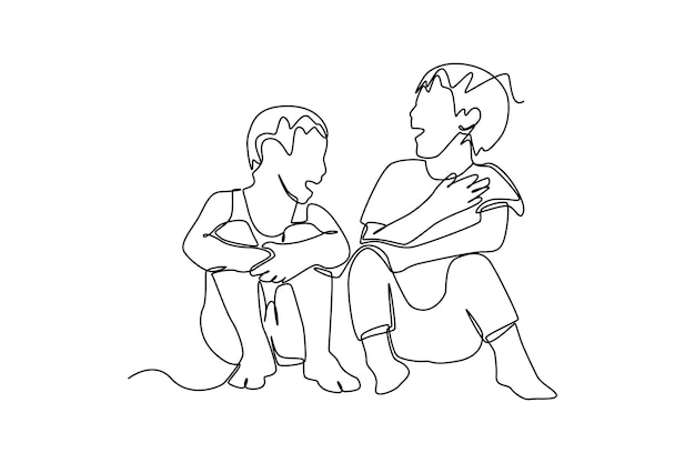 Continu één lijn tekenen twee jongen kinderen praten en bespreken communicatieconcept enkele lijn tekenen ontwerp vector grafische illustratie