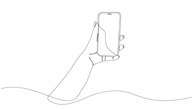 Continu één lijn tekening van een hand met een mobiele telefoon Smartphone in de hand Een lijn bewerkbare vector grafische illustratie