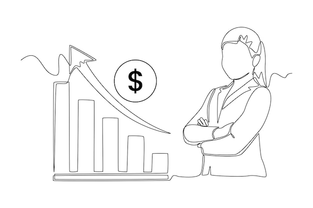 Continu één lijntekening Gelukkige zakenvrouw omdat financiële grafiekpijl stijgt Economie en bedrijfsconcept Enkele lijn tekenen ontwerp vector grafische illustratie