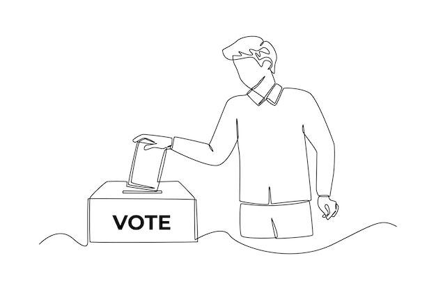 Continu één lijntekening man die stempapier in de verkiezingsbox stopt voor algemene regionale of presidentsverkiezingen Stemconcept Enkele lijn tekenen ontwerp vector grafische illustratie