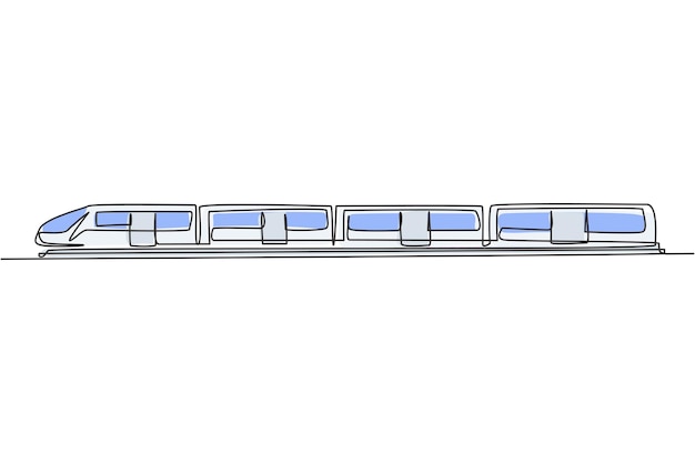 Continu één lijntekening met een kogeltrein die te hard rijdt op de sporen met passagiersontwerpvector