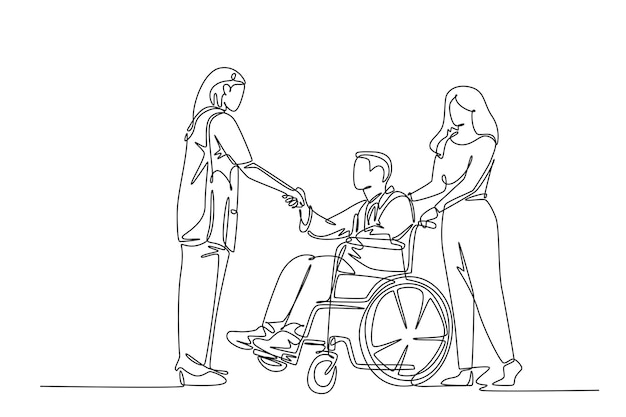 Vector continu één lijntekening slimme jonge vrouwelijke arts die de patiënt met een rolstoel bezoekt en handen schudt in het ziekenhuis medische gezondheidszorgconcept enkele lijn teken ontwerp vector grafische illustratie