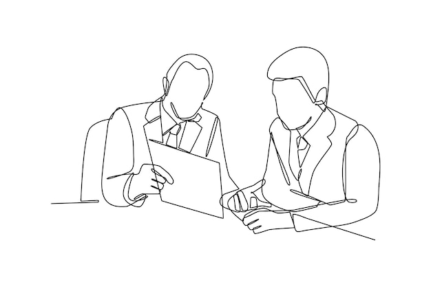 Continu één lijntekening twee slimme zakenlieden bespreken project in kantoor Business consulting concept Single line draw ontwerp vector grafische illustratie