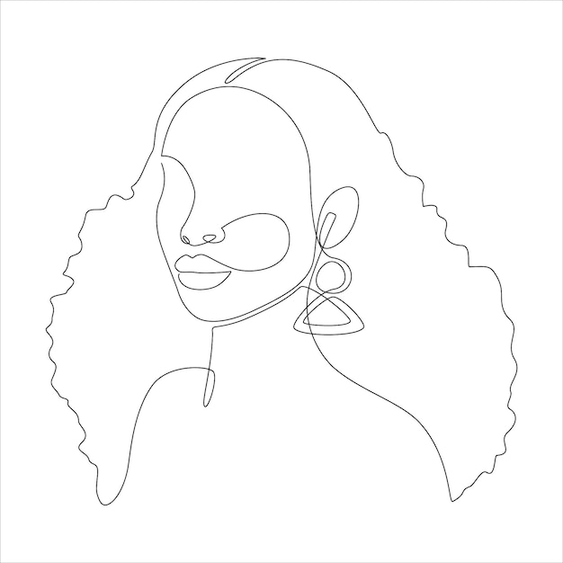 Continu een lijntekening van afro-amerikaanse vrouw met kroeshaar afro kapsel op witte achtergrond