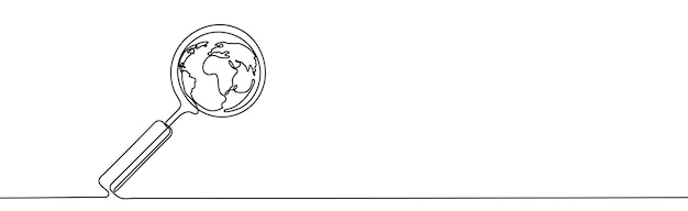 Continu één lijntekening van de wereldplaneet met zoekpictogram in zoekglas Verkenning van de planeet aarde Tekening van vergrootglas