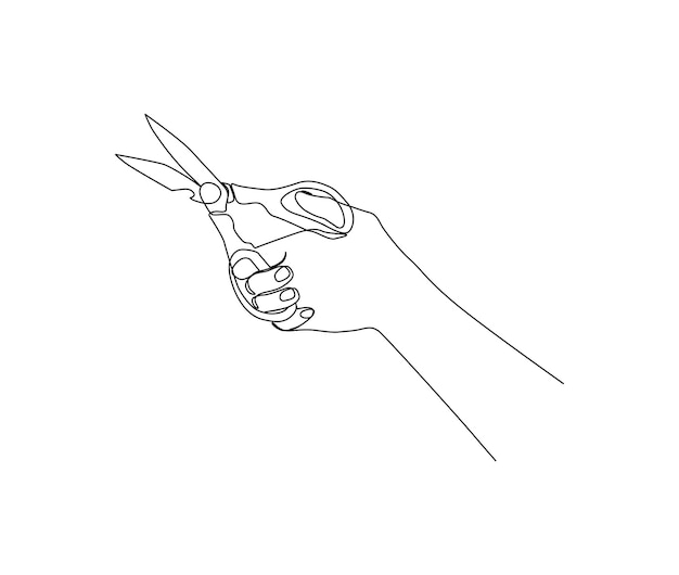 Continu een lijntekening van hand holding scissor scissor lijntekeningen tekening vectorillustratie