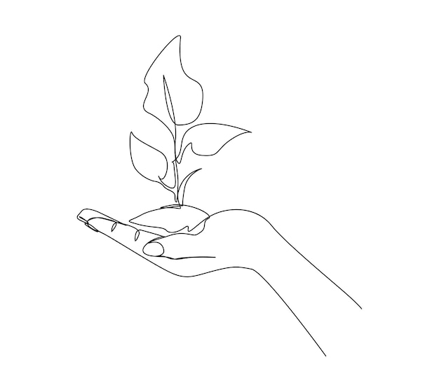 Continu één lijntekening van hand met groeiende plant Hand houdt plant groen concept lijn kunst vector illustratie