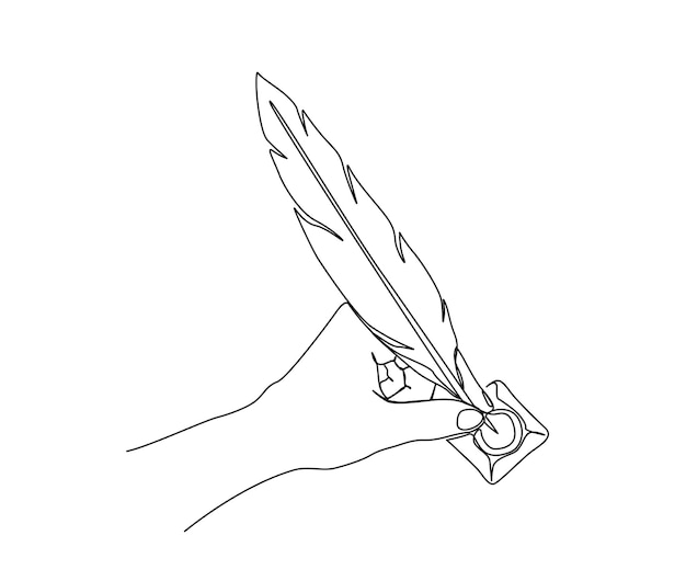 Continu een lijntekening van Hand met Quill Pen Feather Pen Single Line Vintage schrijfgerei vector ontwerp