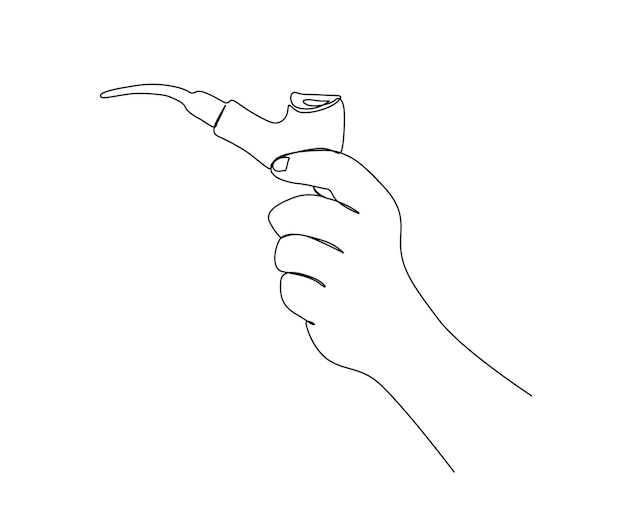 Continu één lijntekening van hand met tabakspijp Eenvoudige hand houdt rookpijp omtrekontwerp Bewerkbare actieve slagvector