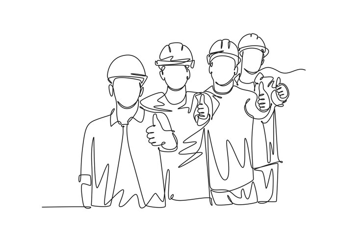 Vector continu één lijntekening van jonge gelukkige mannelijke en vrouwelijke bouwersgroepen met helm die duimen omhoog gebaar geven geweldig teamwerkconcept enkele lijn teken ontwerp vector grafische illustratie