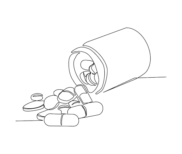 Continu één lijntekening van medicijnpillen of capsulefles Eenvoudige illustratie van medische apotheek zorg lijntekeningen vectorillustratie