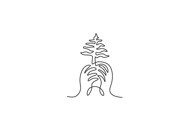 Continu een lijntekening van menselijke handen met een plant om terug naar de natuur thema te beschrijven geïsoleerd op een witte achtergrond Concept van groeien en liefde aarde Vector minimalisme ontwerp