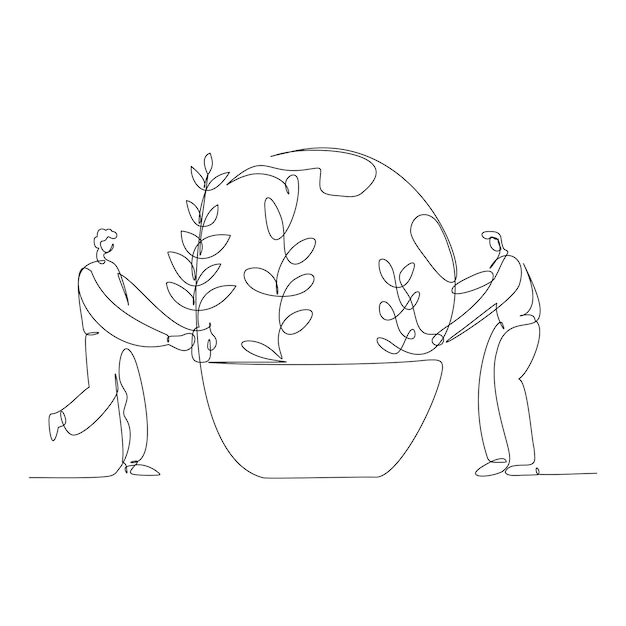 Continu een lijntekening van twee mensen die een plant water geven in een pot Globe Green wereld illustratie