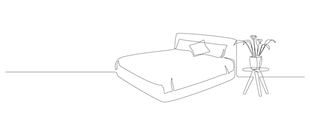 Continu een lijntekening van tweepersoonsbed met kussens en kamerplant Modern meubilair voor stijlvolle slaapkamer in eenvoudige lineaire stijl Bewerkbare lijn Doodle vectorillustratie
