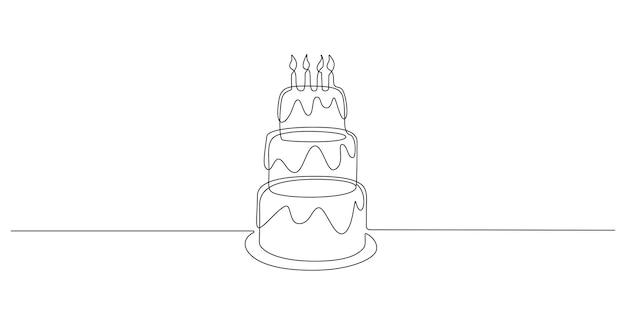 Continu een lijntekening van verjaardagstaart met kaarsen Zoete viering torte en taart met banketbakkersroom in eenvoudige lineaire stijl Bewerkbare beroerte Doodle vectorillustratie