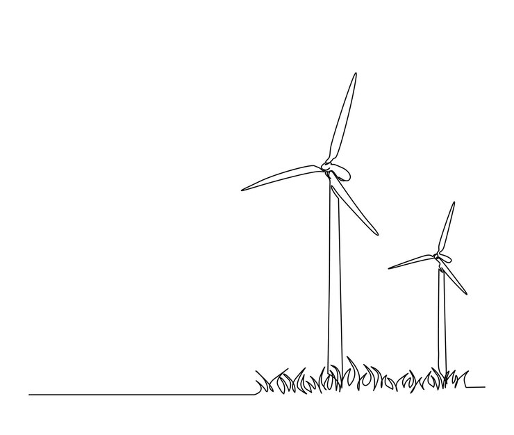 Vector continu een lijntekening van windturbines eco-energie eenvoudige windturbines power overzicht vectorillustratie