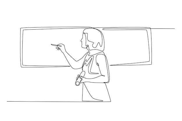 Continu één lijntekening Vrouw coach die projectmanagementstudies toont op het whiteboard Communicatie- en projectmanagementconcept Enkele lijntekening ontwerp vector grafische afbeelding