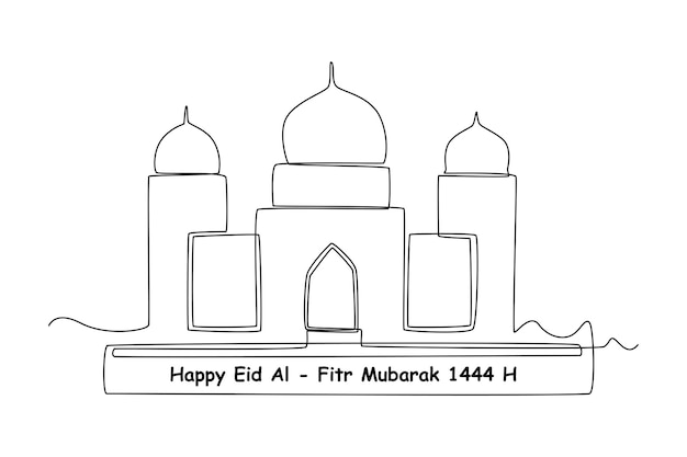 Continu één lijntekening wenskaart voor Eid Mubarak festival met Moskee 1444H Eid alFitr concept Enkele lijntekening ontwerp vector grafische illustratie