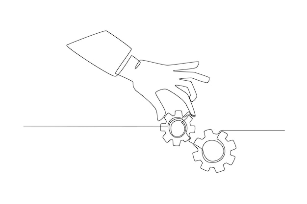 Continu een lijntekening zakenman hand zetten belangrijke versnelling of tandrad om machine goed te laten werken Workflow concept Single line draw ontwerp vector grafische afbeelding