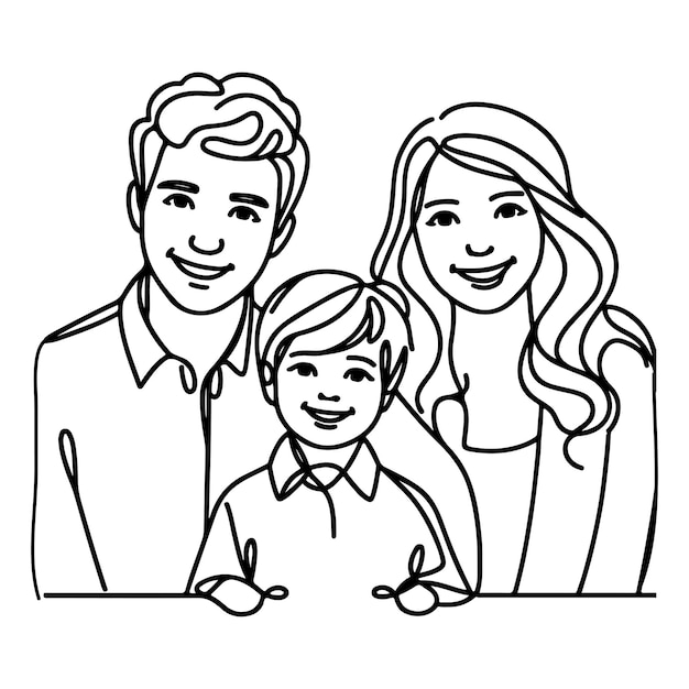 Continu één zwarte lijn kunst tekenen gelukkige familie vader en moeder met kind doodles stijl vector illustratie op wit