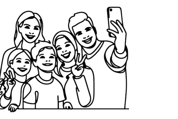 Continu één zwarte lijn kunst tekenen vrolijke familie nemen acteren selfie of videogesprek