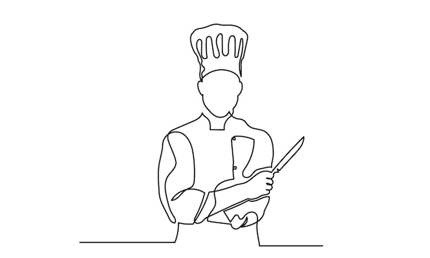 Continu lijn tekenen chef-kok staand met een mes Singleline chef-kok koken maaltijd concept