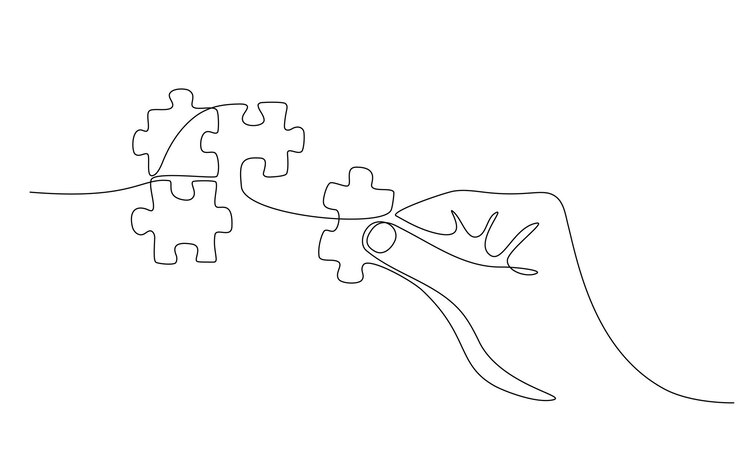 Vector continu lijntekenen van handoplossende puzzelstukken legpuzzel een lijntekenen van handverbindende puzzelstukken business matching teamwork concept business metafoor van probleemoplossende strategie