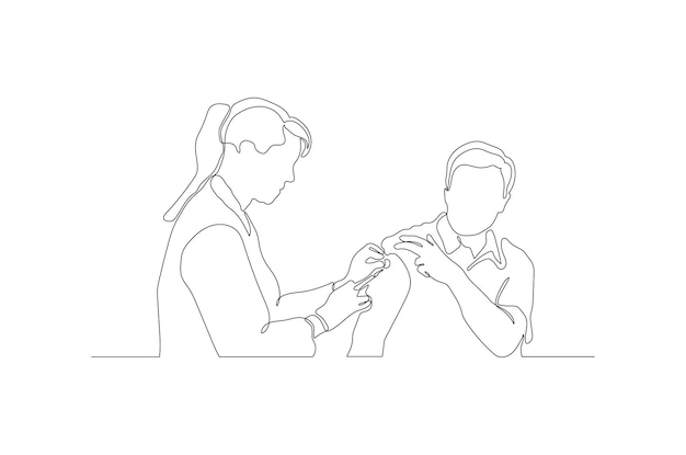 Vector continu lijntekening concept van een arts die een vaccin injecteert bij een patiënt gratis vectorillustratie