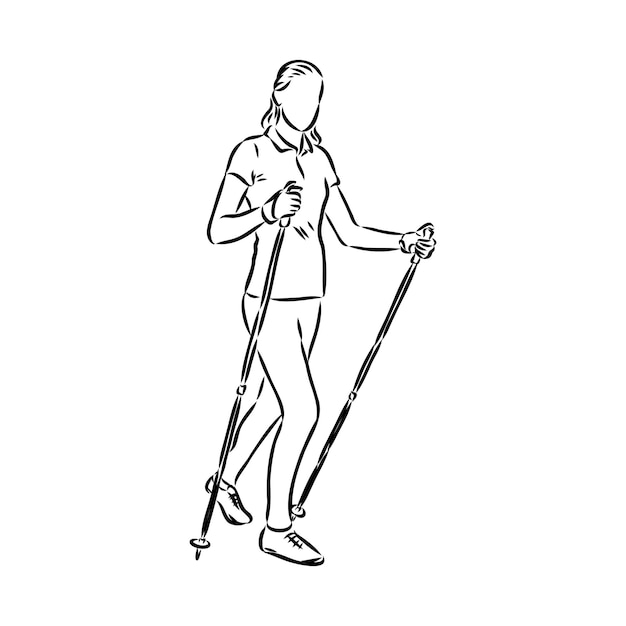 Continu lijntekening Een jonge vrouw loopt te voet met wandelstokken Nordic walking schets vectorillustratie