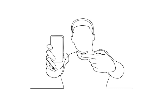 Continu lijntekening portret van een man die zijn mobiele telefoon vectorillustratie toont premium vector
